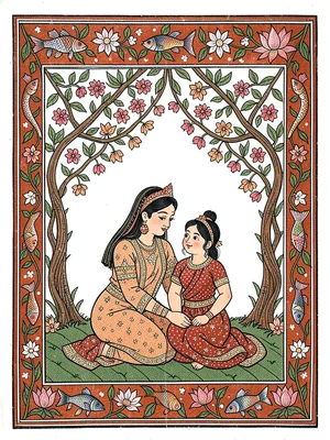 Mother and child — seated together beneath a canopy of vines and blossoms