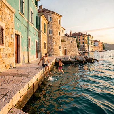 Adriatic limestone warmth, Dubrovnik honey stone, Children jumping off sea wall 
