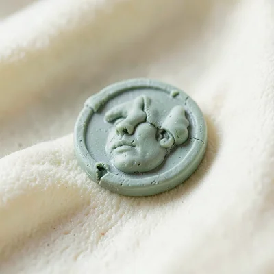 Tossed sage-green coin with a slumped face and fingernail dents along its edge, 