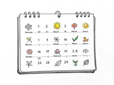 A hand-drawn calendar with each month illustrated by a tiny seasonal doodle: sno
