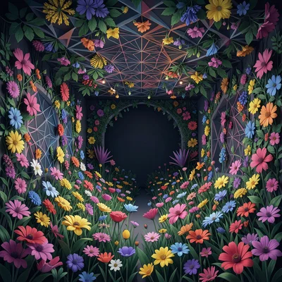 Garden where flowers grow in all directions — from walls, ceiling, sideways from