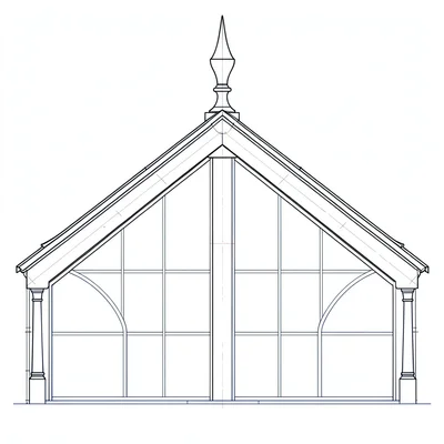 Blueprint diagram of a finial cresting along a glasshouse ridge
