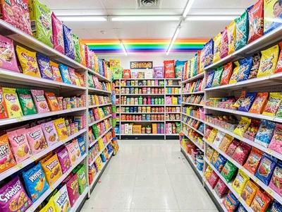Candy aisle color explosion, sweet variety from floor to ceiling, sugar rainbow