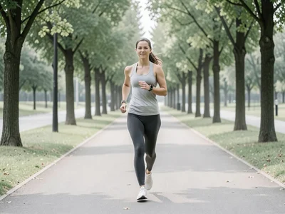 Woman using a fitness tracker during a morning jog, park pathway lined with tree
