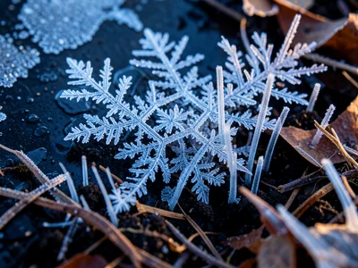Needle ice on forest floor, thin crystal columns lifting soil and leaves upward,