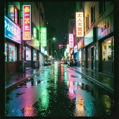 Cross-processed slide film photograph, Neon signs reflected in rain-wet pavement