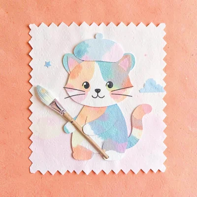 Cut-paper character of a cat in a beret holding a paintbrush, cheerful coral bac