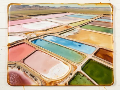 A salt flat with evaporation ponds in different colors from mineral concentratio