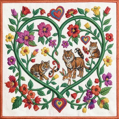 Otomi Tenango embroidery illustration, flowering vines creating heart shapes , e