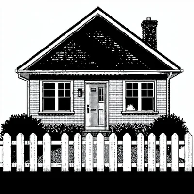 1-bit dithered illustration, house with picket fence , black and white only, dit