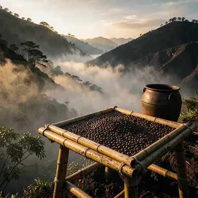 Dense atmospheric mist, rich earthy textures, Coffee beans drying on a raised ba