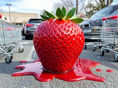 Enormous strawberry sitting in parking lot, juice pooling, shopping carts around