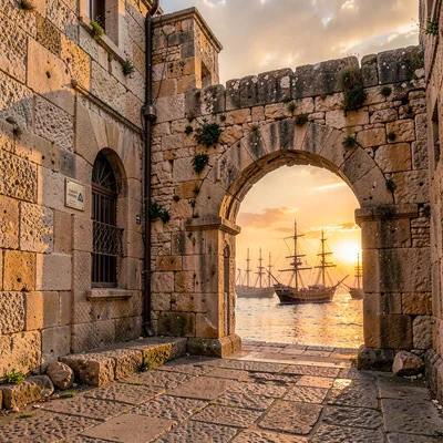 Old Jaffa time-layered, ancient port stone warmth, Mediterranean sunset through 