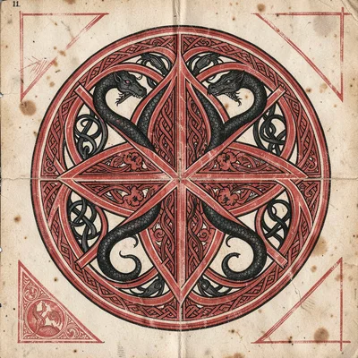 Knotwork medallion — circular interlace filling perfect disc, red and black on v