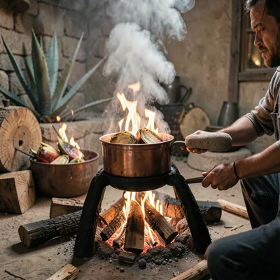 Oaxacan mezcal process, palenque atmosphere, Wood fire beneath a copper pot stil