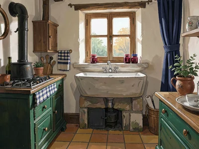 Iron-stove cottage kitchen at midmorning with one window above a deep stone sink