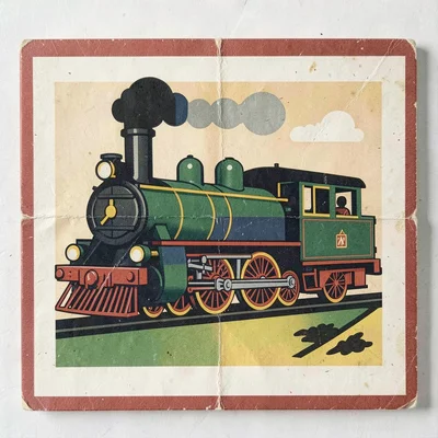 Czech matchbox label illustration, a steam locomotive in bold simple shapes , vi