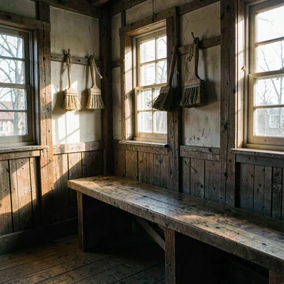 A weathered timber-framed turning room at first light, a long oak bench in shado