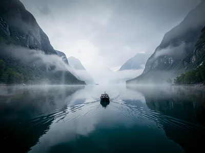 Boat creating only ripple in still fjord