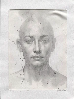 Ghost pull of a face monoprint, features barely there in exhausted grey ink, mor