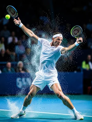 Tennis serve frozen mid-motion, player dissolving into pointillist dots