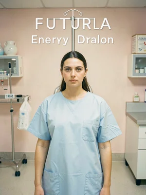 IV stand with bag, dead center composition, powder blue hospital gown visible, c