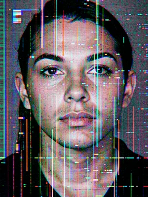 Pixel sort artifact on portrait, skin tones stretched into vertical streams orde