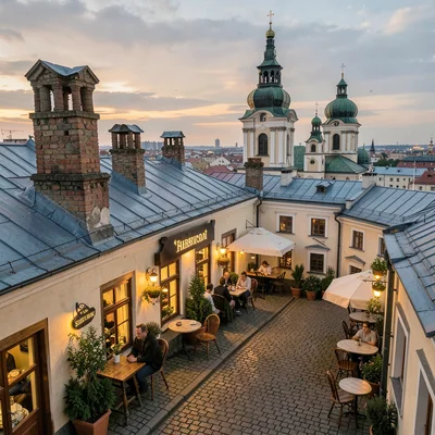 Habsburg café warmth surviving in Lviv, Ukraine, rooftop view with chimney pots 