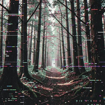 Glitch art illustration, forest with compression artifacts , digital corruption 