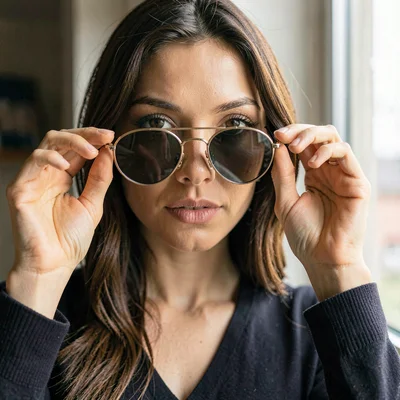 Editorial portrait of a model lowering aviator sunglasses, eyes meeting the came