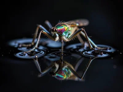 A water strider on a still pond surface, its legs creating dimples in the water 
