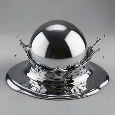 Chrome sphere melting into a chrome puddle, surface reflecting a distorted studi