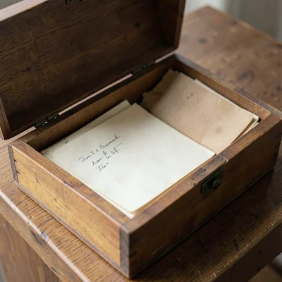 Vertical scene of a half-open archival box with letter bundles inside