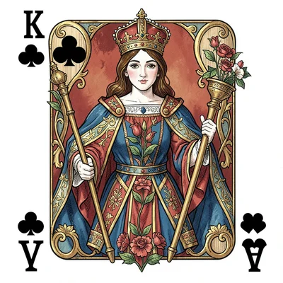 Playing card face illustration, Queen of Clubs, holding flower and scepter , cou