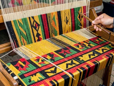 Traditional hand loom in use — shuttle mid-pass through colored warp threads