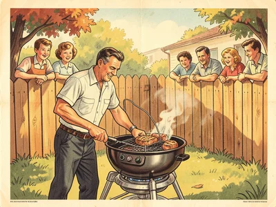 A man grilling in a backyard, his space-age barbecue shaped like a satellite dis