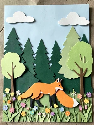 A forest scene: back layer pale blue sky with clouds, then dark green pine silho