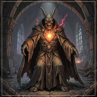 RPG sourcebook illustration, a lich in tattered robes, phylactery glowing with u