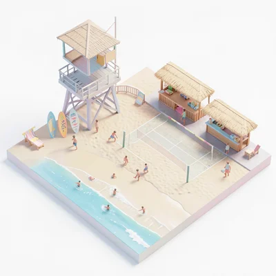 A beachside scene: lifeguard tower, surfboard rental, tiki bar, beach volleyball
