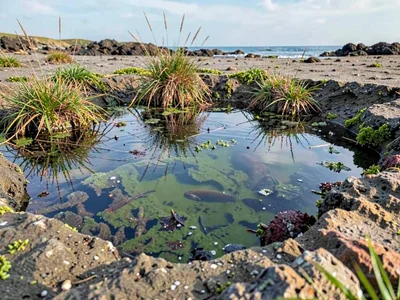 Pool ecosystem at low tide exposure