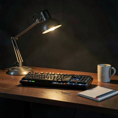 Studio still life of a desk with a lamp, mechanical keyboard, mug, and notebook,