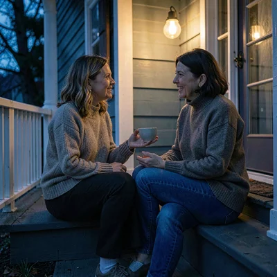 Sigrid-lampline portrait of two neighbors in conversation on a porch step, singl
