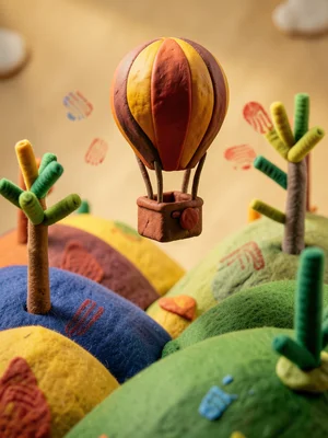 A miniature clay hot air balloon floating over a landscape of felt hills and pip
