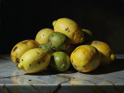 Pile of lemons in various stages of decay on a marble surface, golden to green t