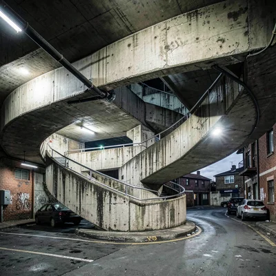Post-industrial Johannesburg brutalism with harsh flash, Sandton City parking st