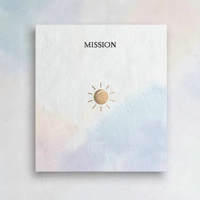 Mission card composition with a soft tonal gradient and a small abstract sun-mar