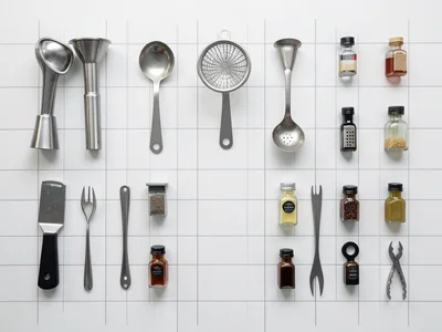 A bartender's station: jigger, strainer, muddler, bar spoon, peeler, bitters bot