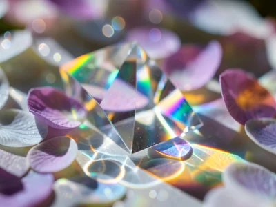 Prismatic rainbow cast through crystal onto fresh flower petals