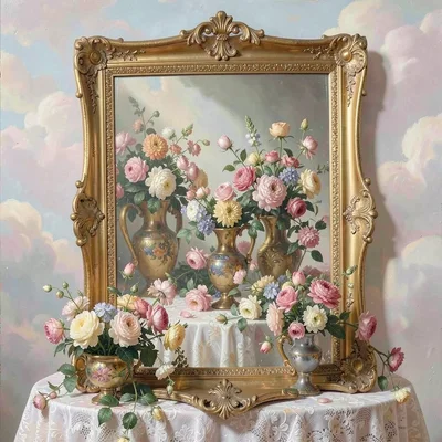 Gilded picture frame around a mirror, reflected in it: more flowers, more gold, 