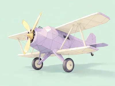 Vintage lavender lowpoly biplane with butter-yellow propeller and cream wings, f